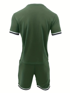 Back view of olive green men's sports set showing knit texture and striped cuffs
