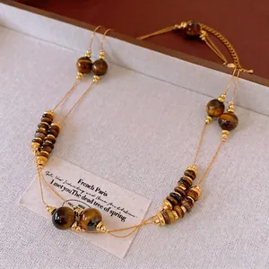 Double-layered vintage faux tiger eye stone necklace with gold beads for women