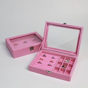 Portagioie in velluto rosa con coperchio in vetro per anelli e orecchini scatola