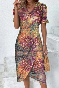 Detail of V-neck mosaic print dress with ruffle sleeves and side button decoration