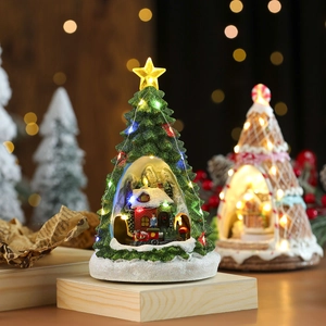 Christmas tree music box with LED lights rotating train and miniature snowy village scene
