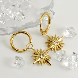 Starburst Hoop Earrings 18K Gold Plated Stainless Steel Cubic Zirconia French Vintage Star Pendant For Women