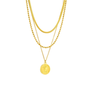 Three-layer gold necklace with flat snake chain, bead chain, and Queen portrait coin pendant