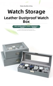 Detalle de caja para relojes de cuero gris con tapa transparente y cierre metálico seguro