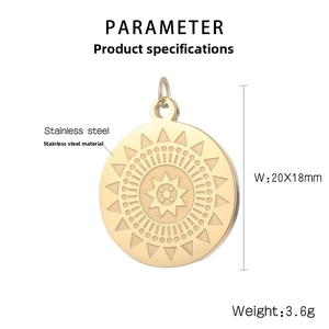 Detailed view of 20x18mm stainless steel sun totem pendant with technical dimensions