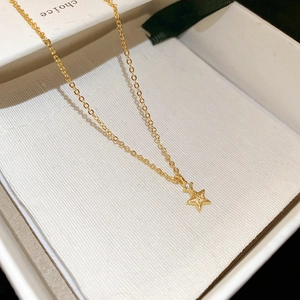 Dettaglio della collana a stella dorata con trama spazzolata e zircone in scatola