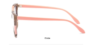 Detailed side view of cat-eye glasses with pink and tortoiseshell acetate frames