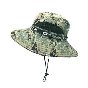 Green digital camouflage sun hat with wide brim, mesh vents and adjustable wind cord