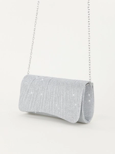 Sparkling silver glitter pleated evening clutch bag with elegant metal chain strap for women