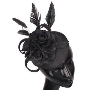 Elegant black mesh fascinator hat with fabric flowers and feathers for wedding parties