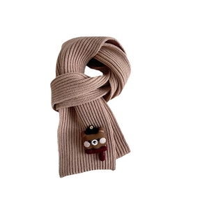 Cozy khaki knitted scarf for children featuring a cute cartoon bear decorative patch