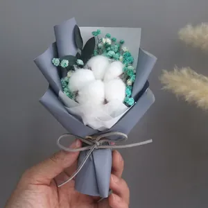 Mini dried cotton flower bouquet with blue gypsophila and decorative grey-blue wrap