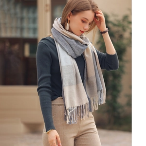 Soft color-block plaid cashmere-feel scarf with fringes for winter fashion styling