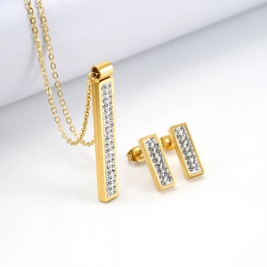 Parure de bijoux en acier inoxydable doré 18K avec pendentifs cylindre et zircone