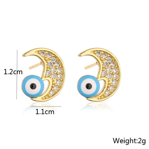 Detailed size view of 18K gold plated moon earrings with zircon and blue evil eye charms