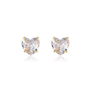 Detailed view of heart-cut cubic zirconia studs with a golden four-prong setting