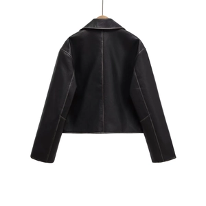 Back view of a cropped black PU leather jacket with lapel collar and clean stitching