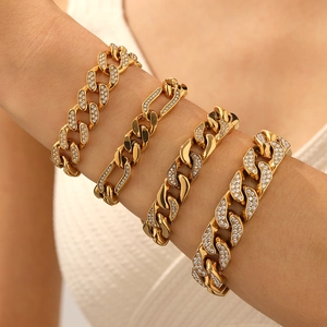 Cuban Link Bracelet Stainless Steel Gold Plated Pave Rhinestones Iced Out Hip Hop Jewelry For Men And Women