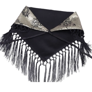 New Chinese style black fringe sash with golden rose pattern on minimalist white background