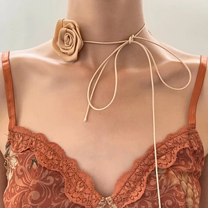 Romantic champagne satin 3D rose flower choker with adjustable thin ribbon ties