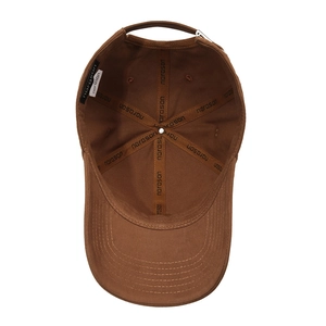 Interior view of brown cotton baseball cap showing narason stitching and six-panel structure