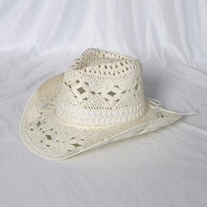 Detail of hollow woven texture and wide brim on cream western straw cowboy hat