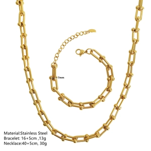 18k gold plated stainless steel U-link chain necklace and bracelet set with industrial style