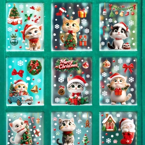 Christmas cat window decals with snowflakes and trees for festive glass door decoration