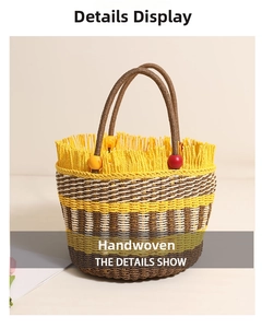 Detail of hand-woven straw bucket bag with colored beads and yellow fringe trim