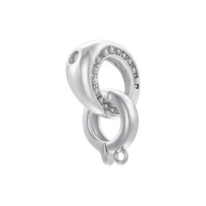 Detail of silver dual-ring jewelry clasp with micro-set white zircon and lobster claw connector