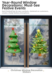 Detail showing two watercolor Christmas tree window stickers on a glass store door