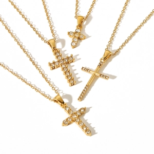 18k gold plated stainless steel cross necklaces with sparkling cubic zirconia crystals
