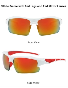 Front and side views of white cycling glasses with red temples and red mercury lenses