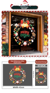 Detail view of Merry Christmas wreath window sticker showing size dimensions and glass application