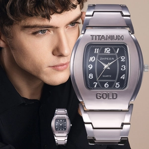 Men's tonneau-shaped quartz watch in titanium and gold finish with black dial and steel band