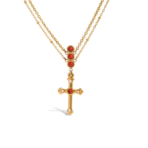 Vintage doppellagige Goldkette mit roten Türkisperlen und einem Kreuzanhänger
