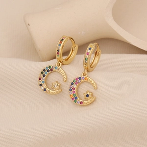 Copper Hoop Earrings Micropave Colorful Cubic Zirconia Star Moon Hamsa Cherry Charms Boho Gold Plated Jewelry For Women
