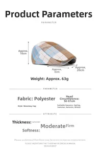 Size specifications and fabric details for this blue plaid polyester flat cap