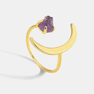 Adjustable Open Ring Copper 14K Gold Plated Natural Raw Stone Crescent Moon Shape Minimalist Boho Jewelry Women