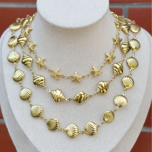 Layered summer 18K gold plated stainless steel necklace with shell and starfish