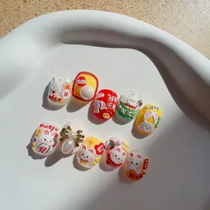 Handmade red lucky rabbit press-on nails set with relief art and pearl bow charms