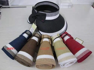 Foldable roll-up straw sun visors for women showing five colors and bow detail