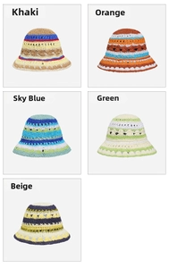 Detail of colorful striped crochet bucket hats in khaki orange blue green and beige