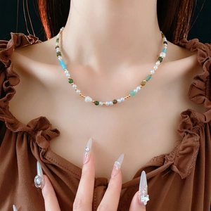 Beaded Necklace With White Artificial Pearls Colorful Agate And Gold Alloy OT Clasp Retro Geometric Jewelry For Women
