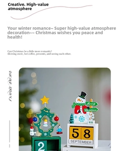 Detailed view of a wooden Christmas advent calendar with snowman and tree figures