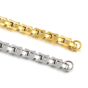 Detail showing polished gold and silver stainless steel geometric rectangle chain links