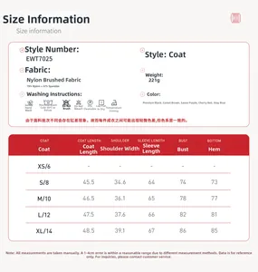 Tableau des tailles pour veste de yoga EWT7025 avec mesures du S au XL en couleurs