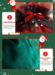 Detail of red mesh with gold stars and premium green velvet Christmas gift drawstring bag