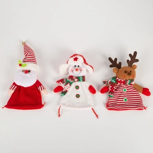Three Christmas gift bags featuring Santa, snowman, and reindeer characters in knit fabric