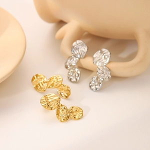 Stainless Steel Stud Earrings Irregular Pleated Texture 18K Gold Plated Minimalist Geometric Vintage Chic Jewelry Women